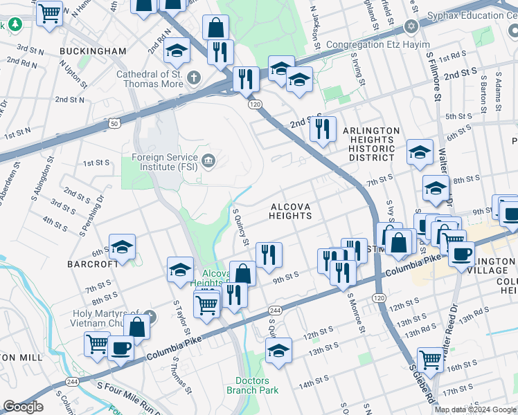 map of restaurants, bars, coffee shops, grocery stores, and more near 3904 6th Street South in Arlington