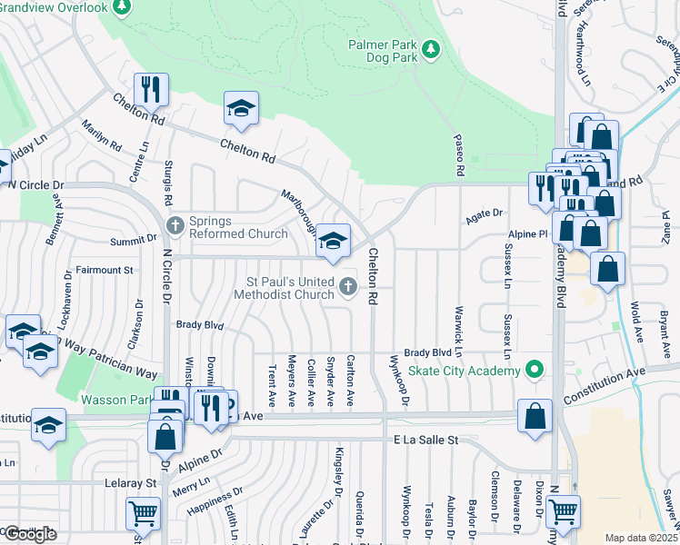 map of restaurants, bars, coffee shops, grocery stores, and more near 3302 Maizeland Road in Colorado Springs