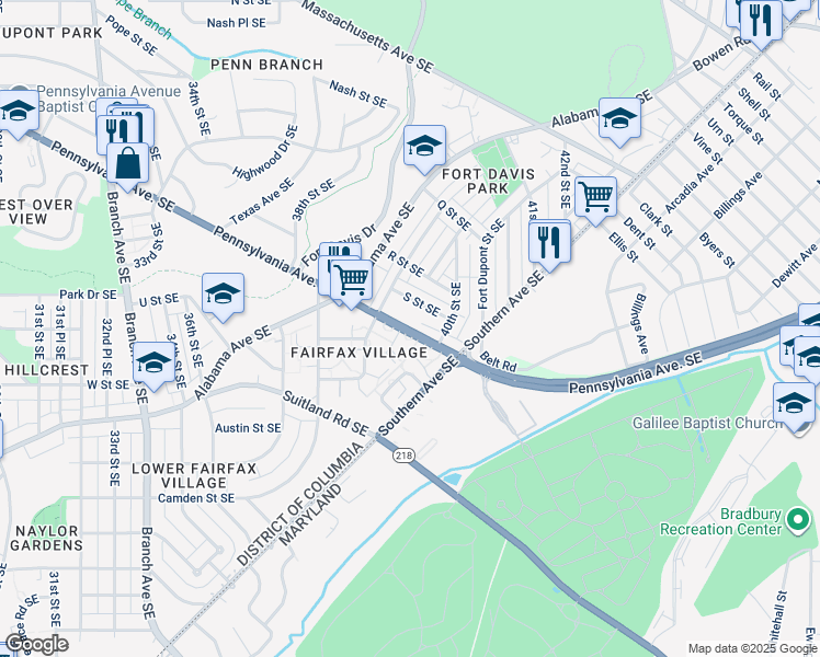 map of restaurants, bars, coffee shops, grocery stores, and more near 3960 Pennsylvania Avenue Southeast in Washington