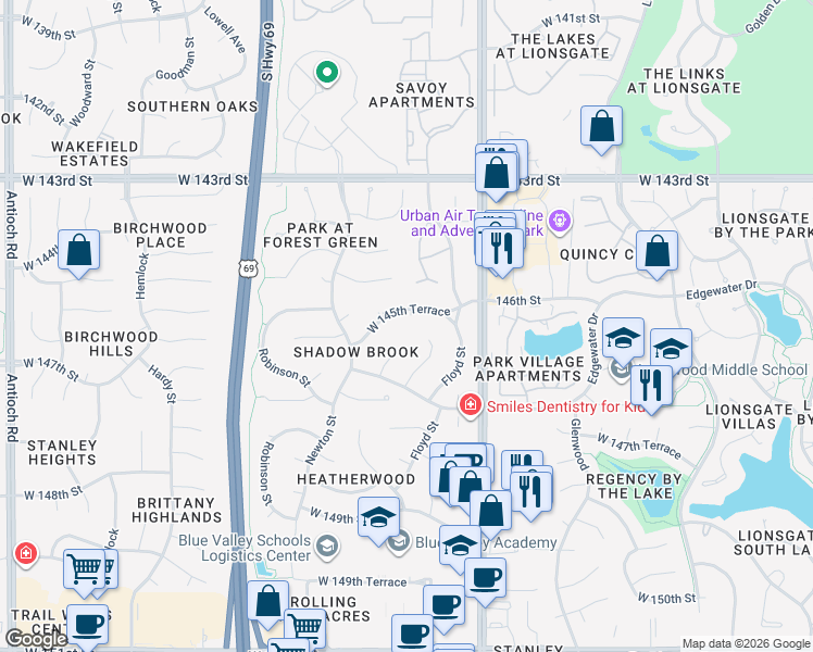 map of restaurants, bars, coffee shops, grocery stores, and more near 7315 West 145th Terrace in Overland Park