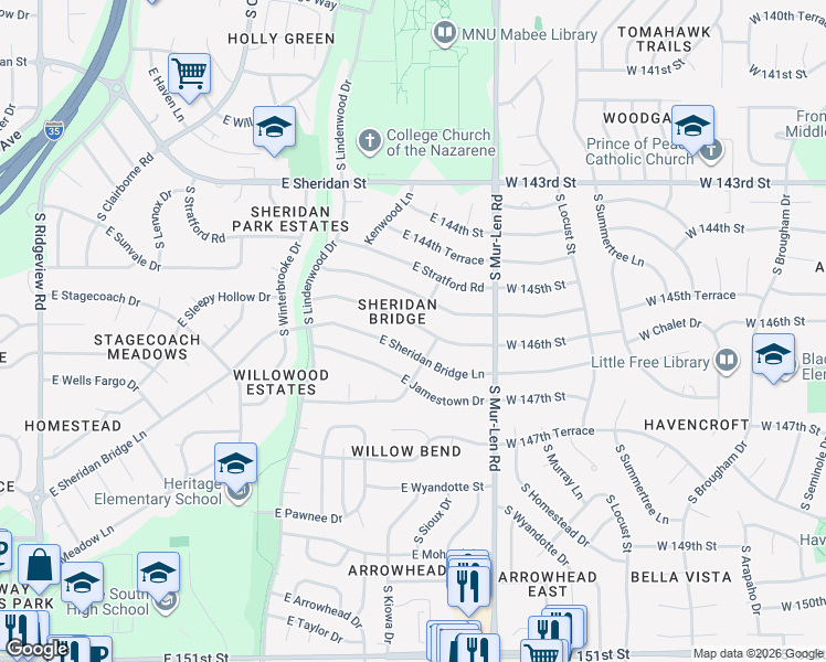 map of restaurants, bars, coffee shops, grocery stores, and more near 1953 East Sleepy Hollow Drive in Olathe