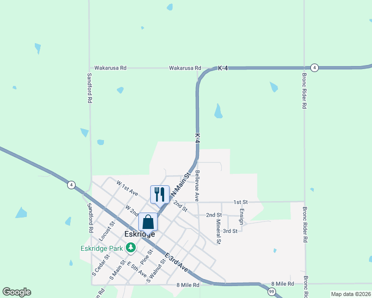 map of restaurants, bars, coffee shops, grocery stores, and more near 505 North Main Street in Eskridge