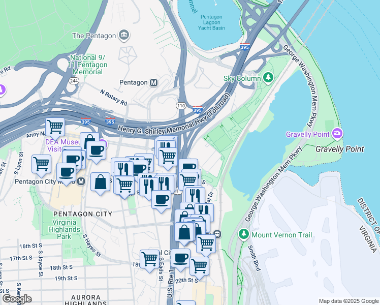 map of restaurants, bars, coffee shops, grocery stores, and more near 929 Long Bridge Drive in Arlington