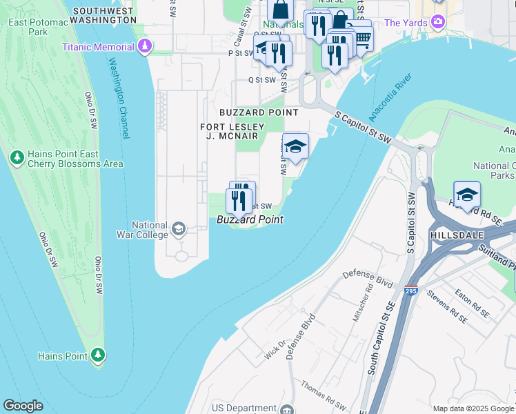 map of restaurants, bars, coffee shops, grocery stores, and more near 100 V Street Southwest in Washington
