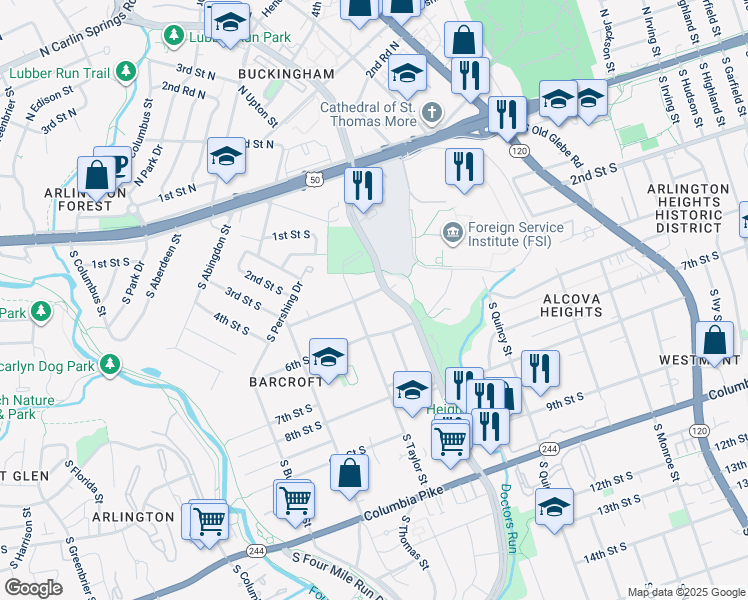 map of restaurants, bars, coffee shops, grocery stores, and more near 4204 4th Street South in Arlington