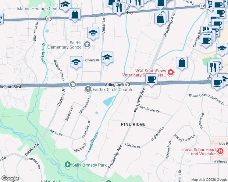 map of restaurants, bars, coffee shops, grocery stores, and more near 8700 Duvall Street in Fairfax
