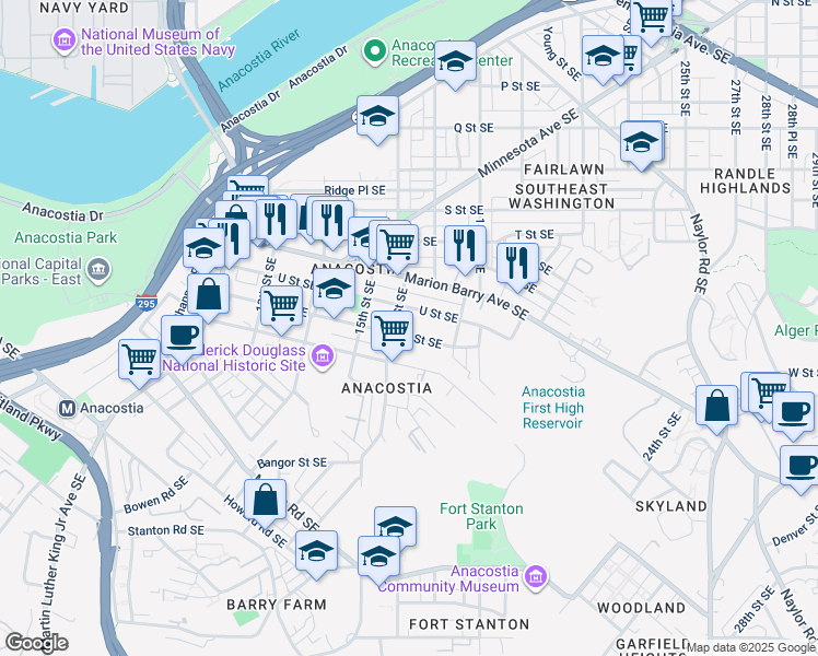 map of restaurants, bars, coffee shops, grocery stores, and more near 1612 V Street Southeast in Washington