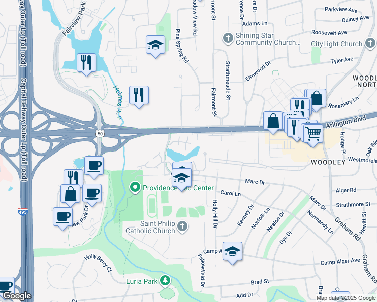 map of restaurants, bars, coffee shops, grocery stores, and more near 7527 Chrisland Cove in Falls Church
