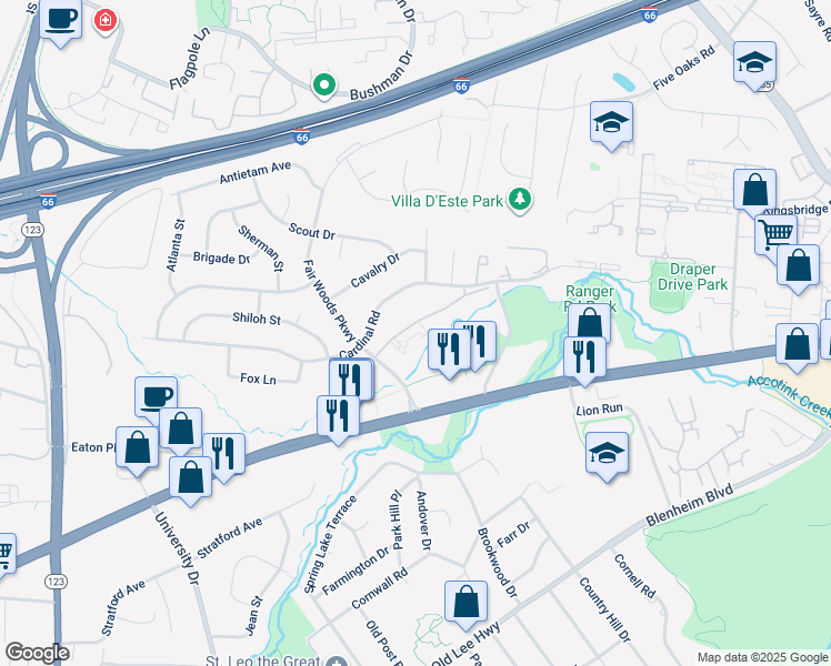 map of restaurants, bars, coffee shops, grocery stores, and more near 10135 Fair Woods Drive in Fairfax