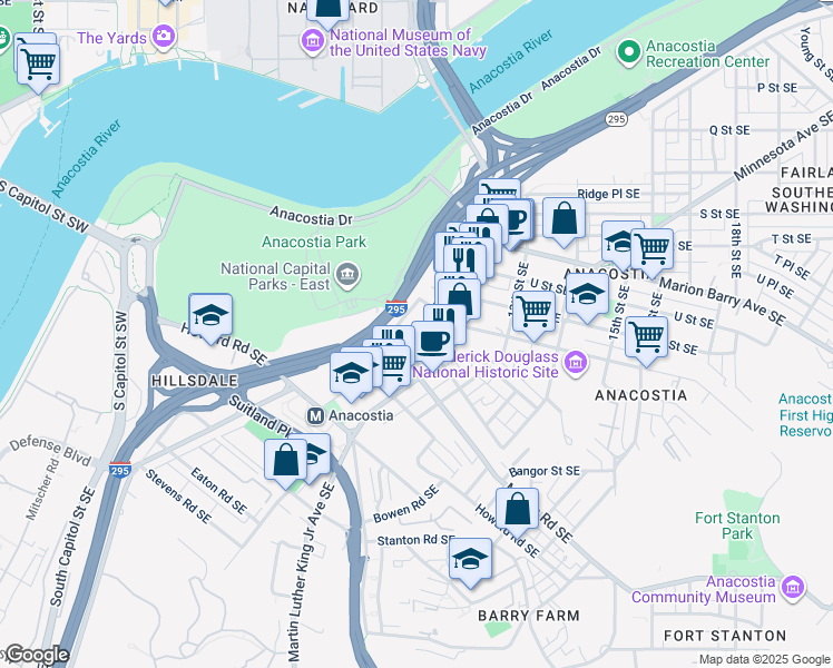 map of restaurants, bars, coffee shops, grocery stores, and more near 2235 Shannon Place Southeast in Washington