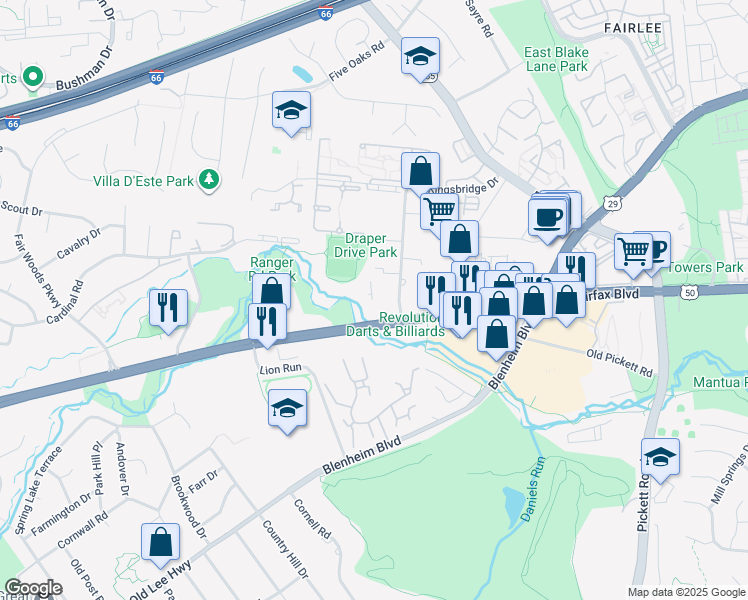 map of restaurants, bars, coffee shops, grocery stores, and more near 9776 Fairfax Boulevard in Fairfax