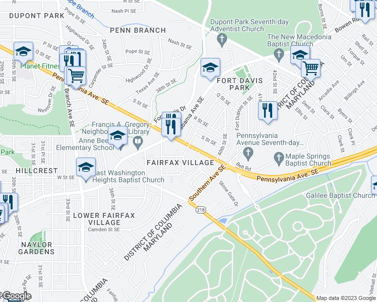 map of restaurants, bars, coffee shops, grocery stores, and more near 2000 Fort Davis Street Southeast in Washington