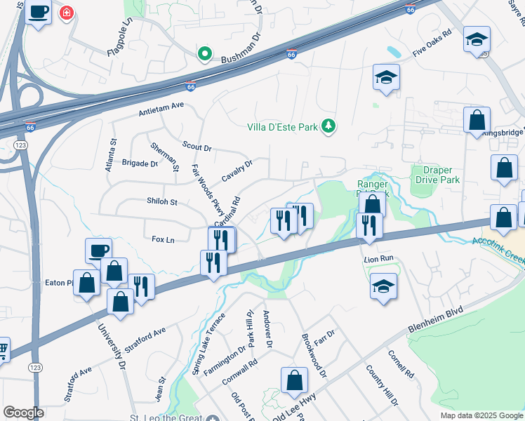 map of restaurants, bars, coffee shops, grocery stores, and more near 10135 Fair Woods Drive in Fairfax