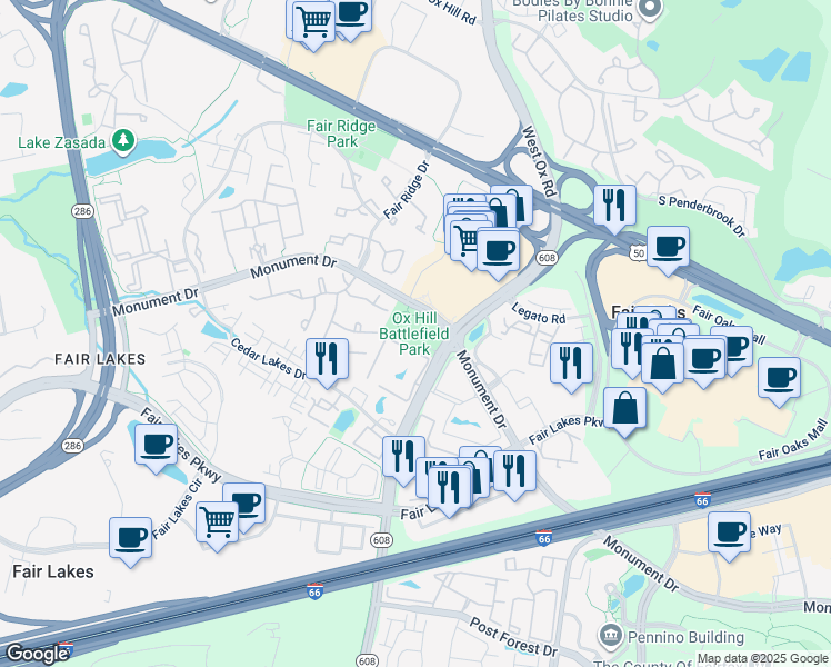 map of restaurants, bars, coffee shops, grocery stores, and more near 4134 West Ox Road in Fairfax