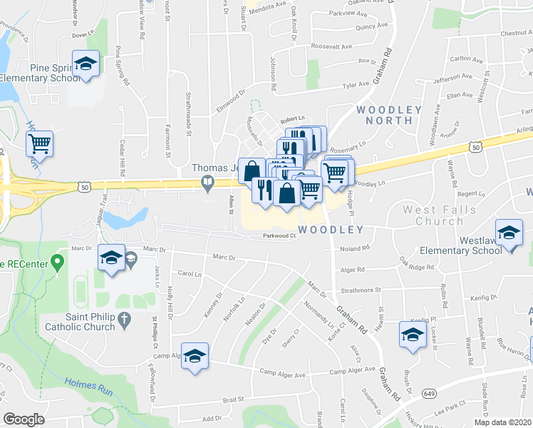 map of restaurants, bars, coffee shops, grocery stores, and more near 7279 Arlington Boulevard in Falls Church