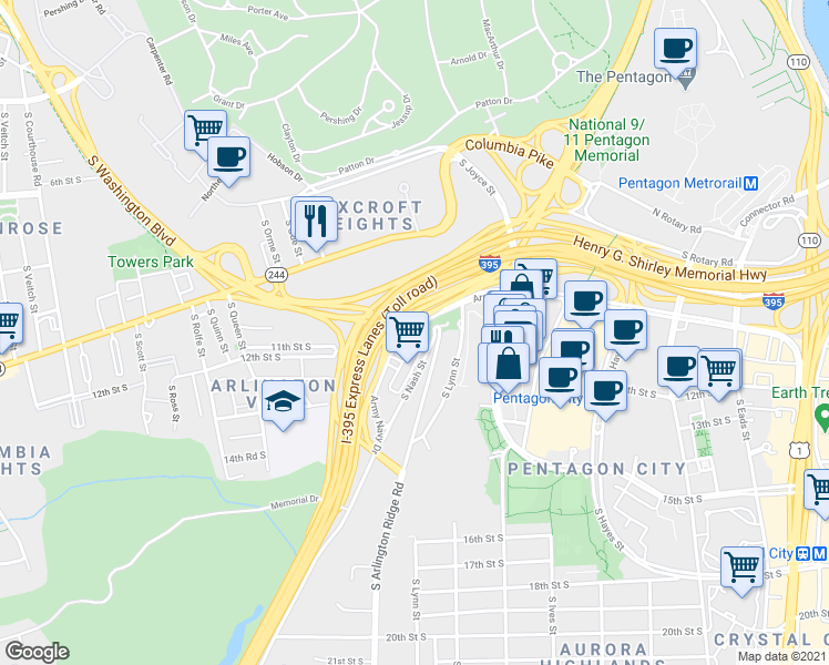 map of restaurants, bars, coffee shops, grocery stores, and more near 1300 Army Navy Drive in Arlington