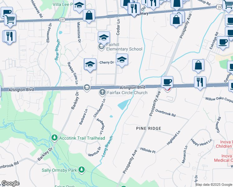 map of restaurants, bars, coffee shops, grocery stores, and more near 8710 Duvall Street in Fairfax