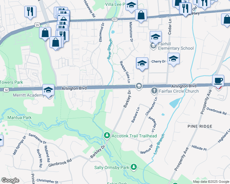 map of restaurants, bars, coffee shops, grocery stores, and more near 3139 Silvan Woods Drive in Fairfax