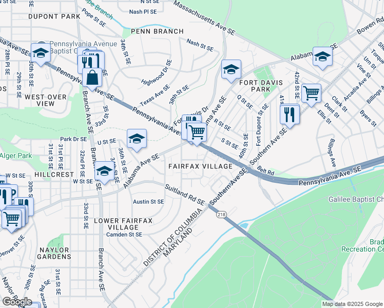 map of restaurants, bars, coffee shops, grocery stores, and more near 3808 V Street Southeast in Washington