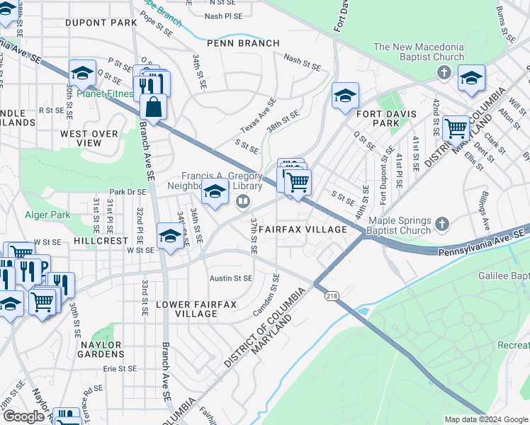 map of restaurants, bars, coffee shops, grocery stores, and more near 2001 38th Street Southeast in Washington