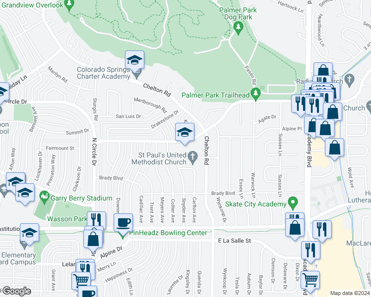 map of restaurants, bars, coffee shops, grocery stores, and more near 3302 Alpine Place in Colorado Springs