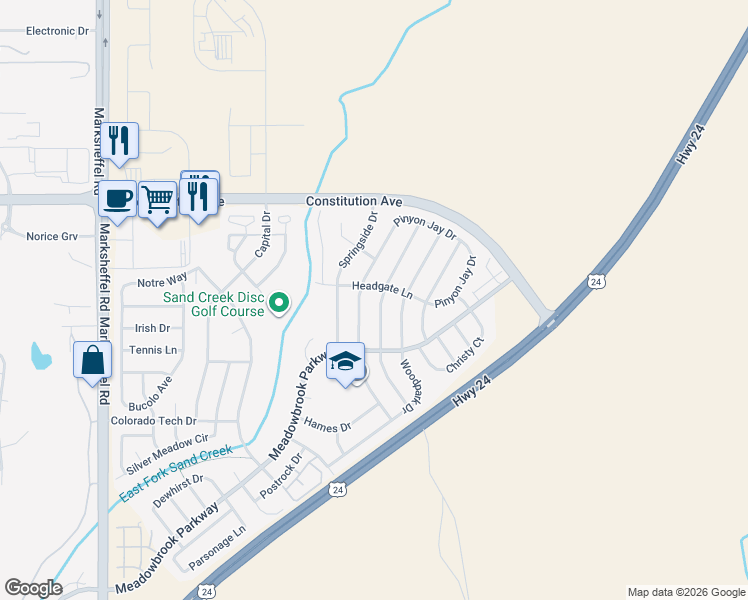 map of restaurants, bars, coffee shops, grocery stores, and more near 2167 Pinyon Jay Drive in Colorado Springs