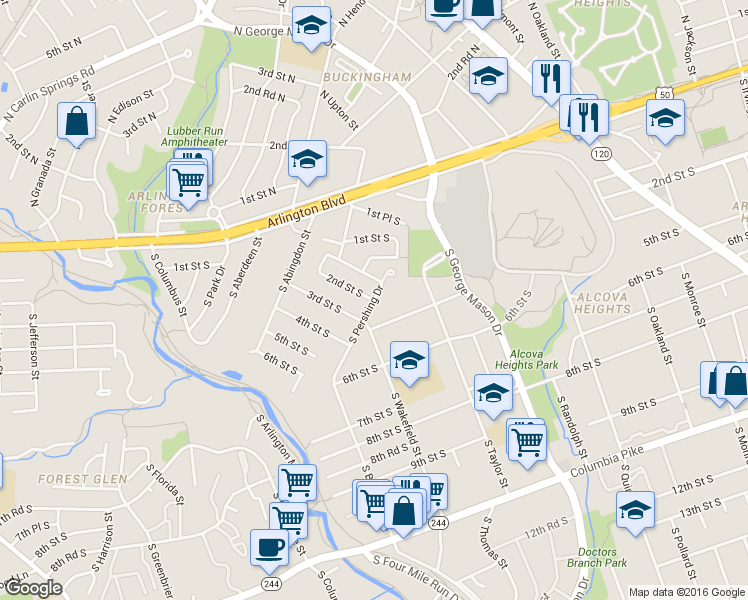map of restaurants, bars, coffee shops, grocery stores, and more near 2nd Street South in Arlington