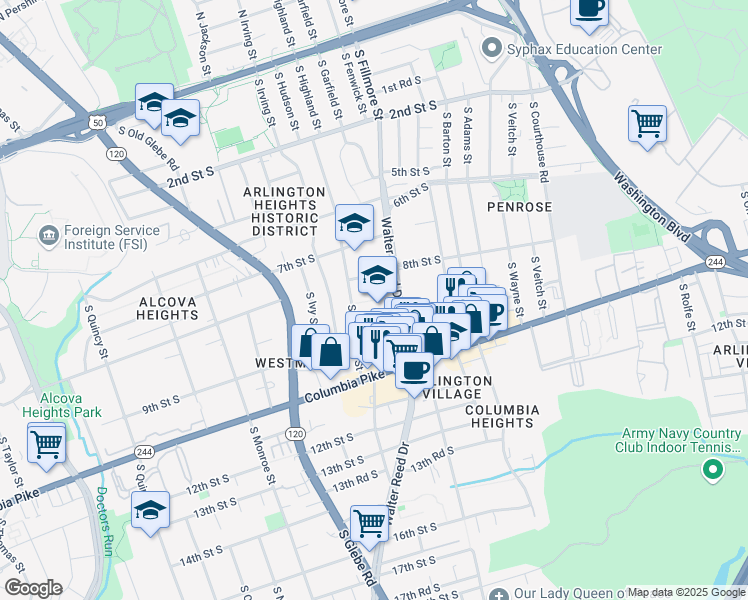 map of restaurants, bars, coffee shops, grocery stores, and more near 816 South Walter Reed Drive in Arlington