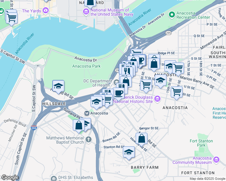 map of restaurants, bars, coffee shops, grocery stores, and more near 2235 Shannon Place Southeast in Washington