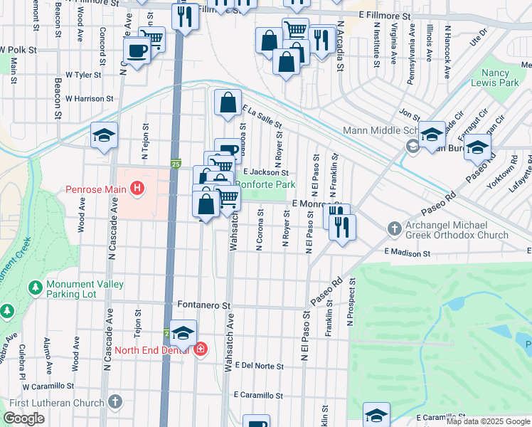 map of restaurants, bars, coffee shops, grocery stores, and more near 2219 North Corona Street in Colorado Springs