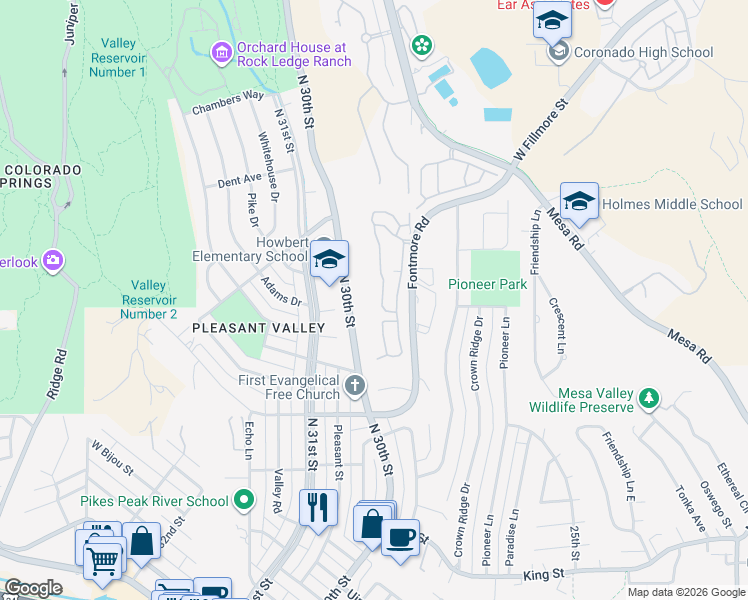 map of restaurants, bars, coffee shops, grocery stores, and more near 1062 Fontmore Road in Colorado Springs