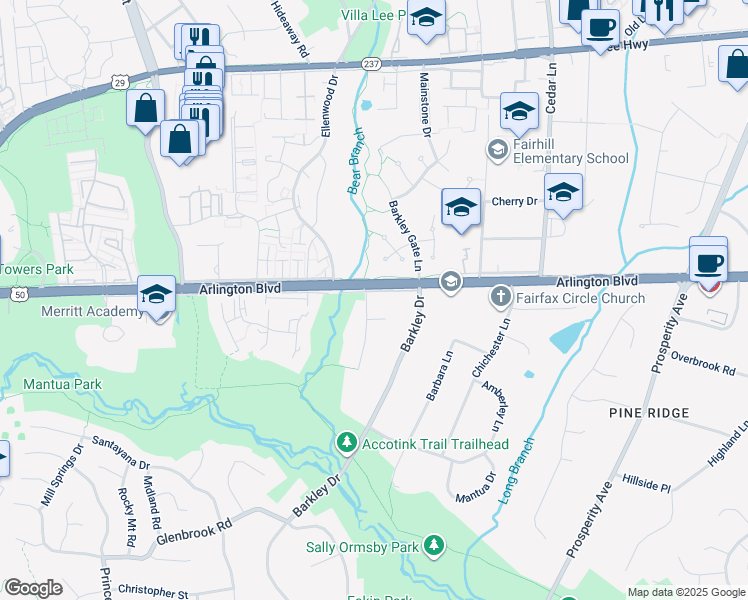 map of restaurants, bars, coffee shops, grocery stores, and more near 3139 Silvan Woods Drive in Fairfax