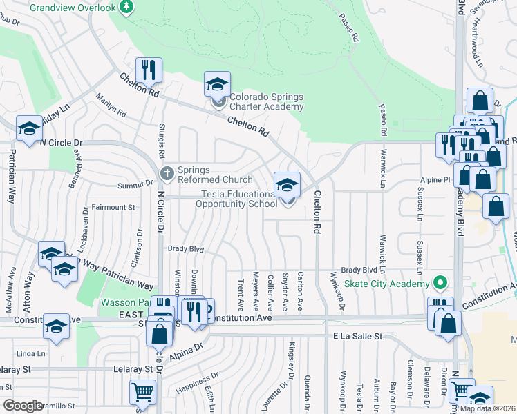 map of restaurants, bars, coffee shops, grocery stores, and more near 2217 Collier Avenue in Colorado Springs