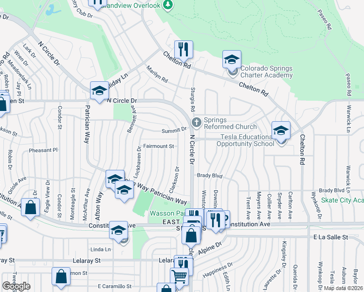 map of restaurants, bars, coffee shops, grocery stores, and more near 2305 Clarkson Drive in Colorado Springs
