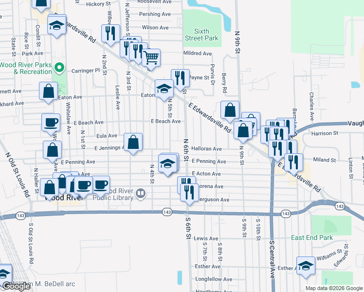 map of restaurants, bars, coffee shops, grocery stores, and more near 412 North 6th Street in Wood River