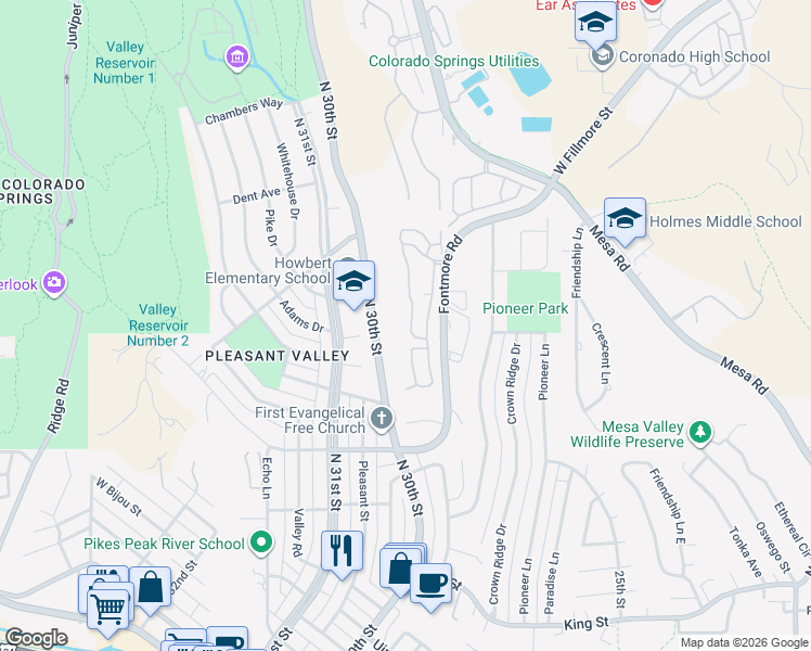 map of restaurants, bars, coffee shops, grocery stores, and more near 1062 Fontmore Road in Colorado Springs