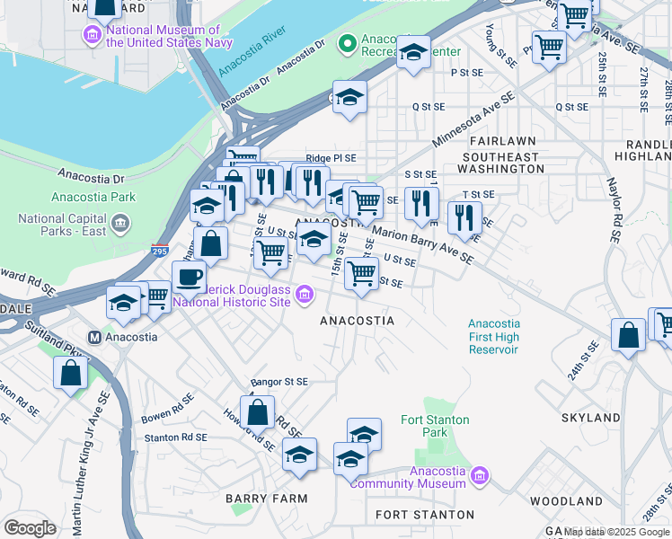 map of restaurants, bars, coffee shops, grocery stores, and more near 15th Street Southeast in Washington