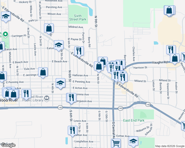 map of restaurants, bars, coffee shops, grocery stores, and more near 896 East Edwardsville Road in Wood River