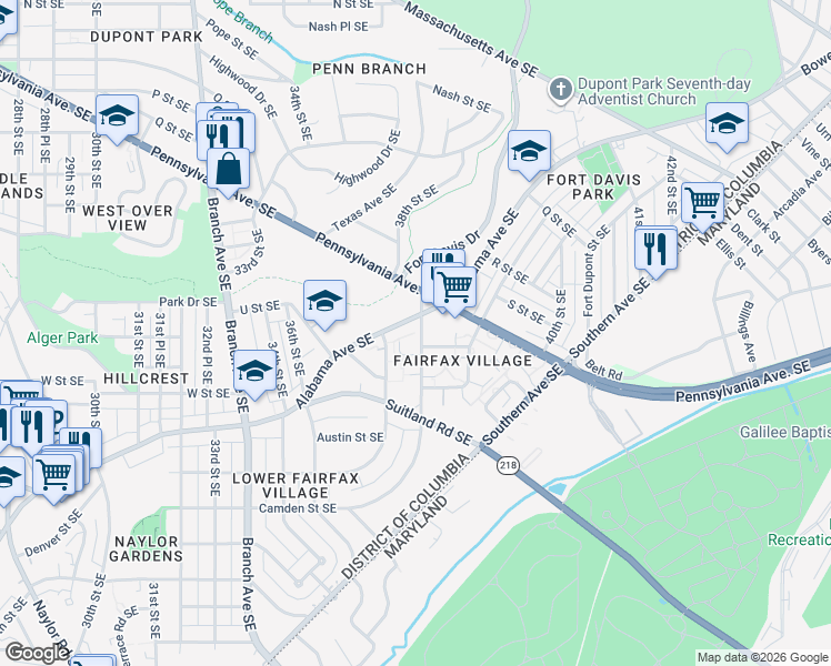 map of restaurants, bars, coffee shops, grocery stores, and more near 2039 38th Street Southeast in Washington