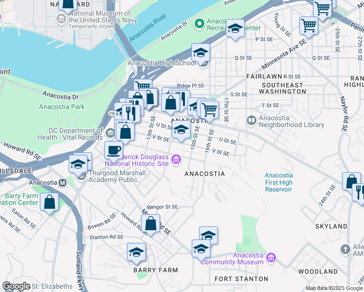 map of restaurants, bars, coffee shops, grocery stores, and more near 1409 V Street Southeast in Washington