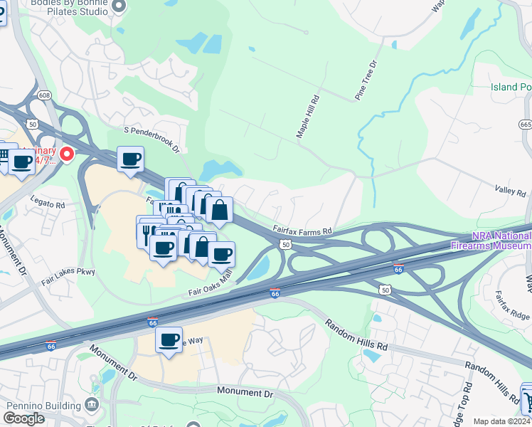 map of restaurants, bars, coffee shops, grocery stores, and more near 3984 Valley Ridge Drive in Fairfax