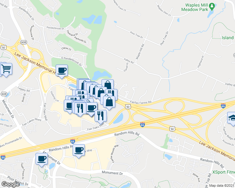 map of restaurants, bars, coffee shops, grocery stores, and more near Valley Ridge Dr & Valley Ridge Cir in Fairfax