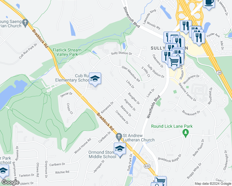 map of restaurants, bars, coffee shops, grocery stores, and more near 14703 Algretus Drive in Centreville