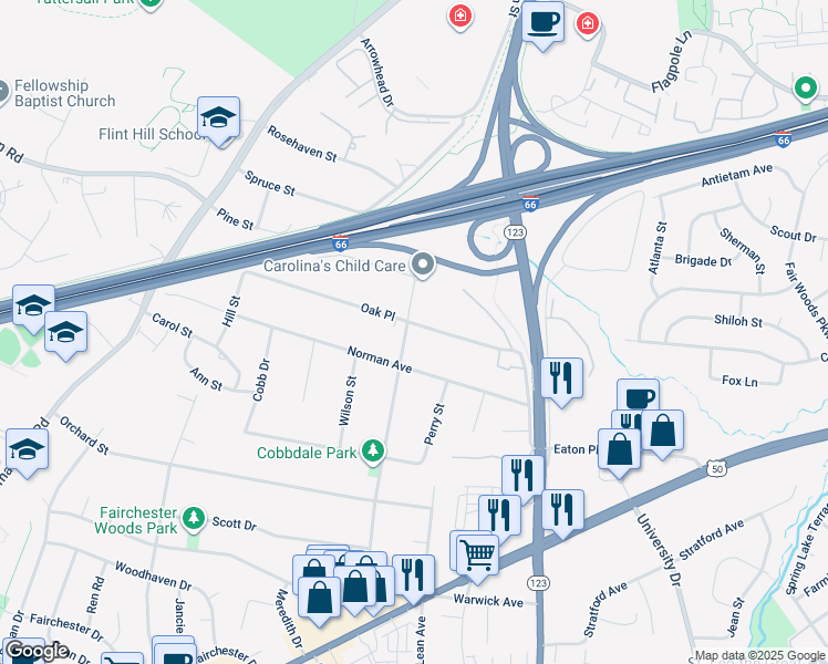 map of restaurants, bars, coffee shops, grocery stores, and more near 10603 Oak Place in Fairfax
