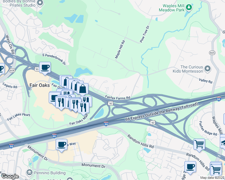 map of restaurants, bars, coffee shops, grocery stores, and more near 3954 Valley Ridge Drive in Fairfax