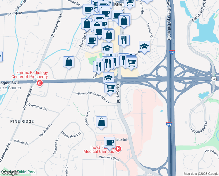 map of restaurants, bars, coffee shops, grocery stores, and more near 8270 Willow Oaks Corporate Drive in Fairfax