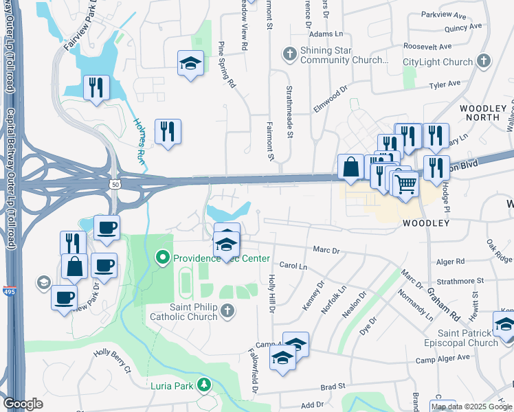 map of restaurants, bars, coffee shops, grocery stores, and more near 7592 Lakeside Village Drive in Falls Church
