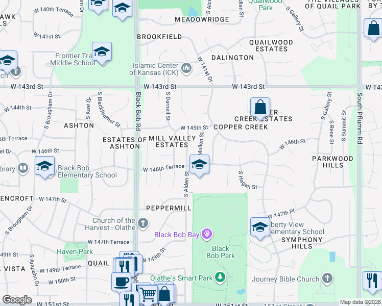 map of restaurants, bars, coffee shops, grocery stores, and more near 14537 South Alden Street in Olathe