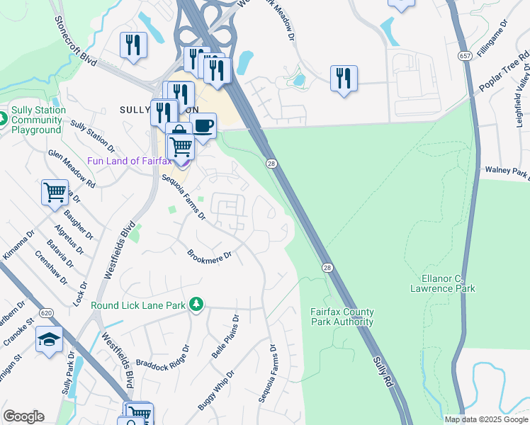 map of restaurants, bars, coffee shops, grocery stores, and more near 5123 Woodfield Drive in Centreville