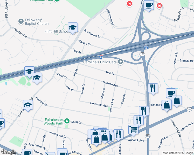map of restaurants, bars, coffee shops, grocery stores, and more near 10708 Norman Avenue in Fairfax